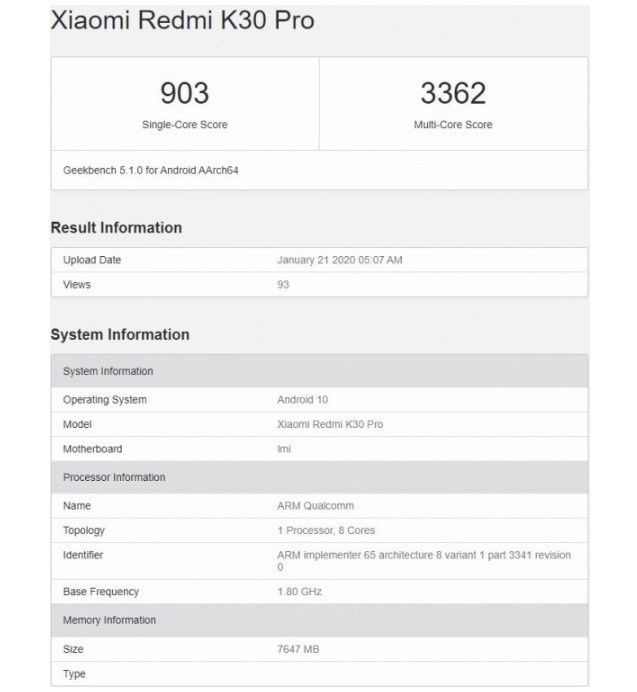 redmi k30 pro geekbench