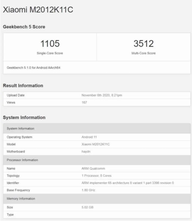 xiaomi mi 11 geekbench