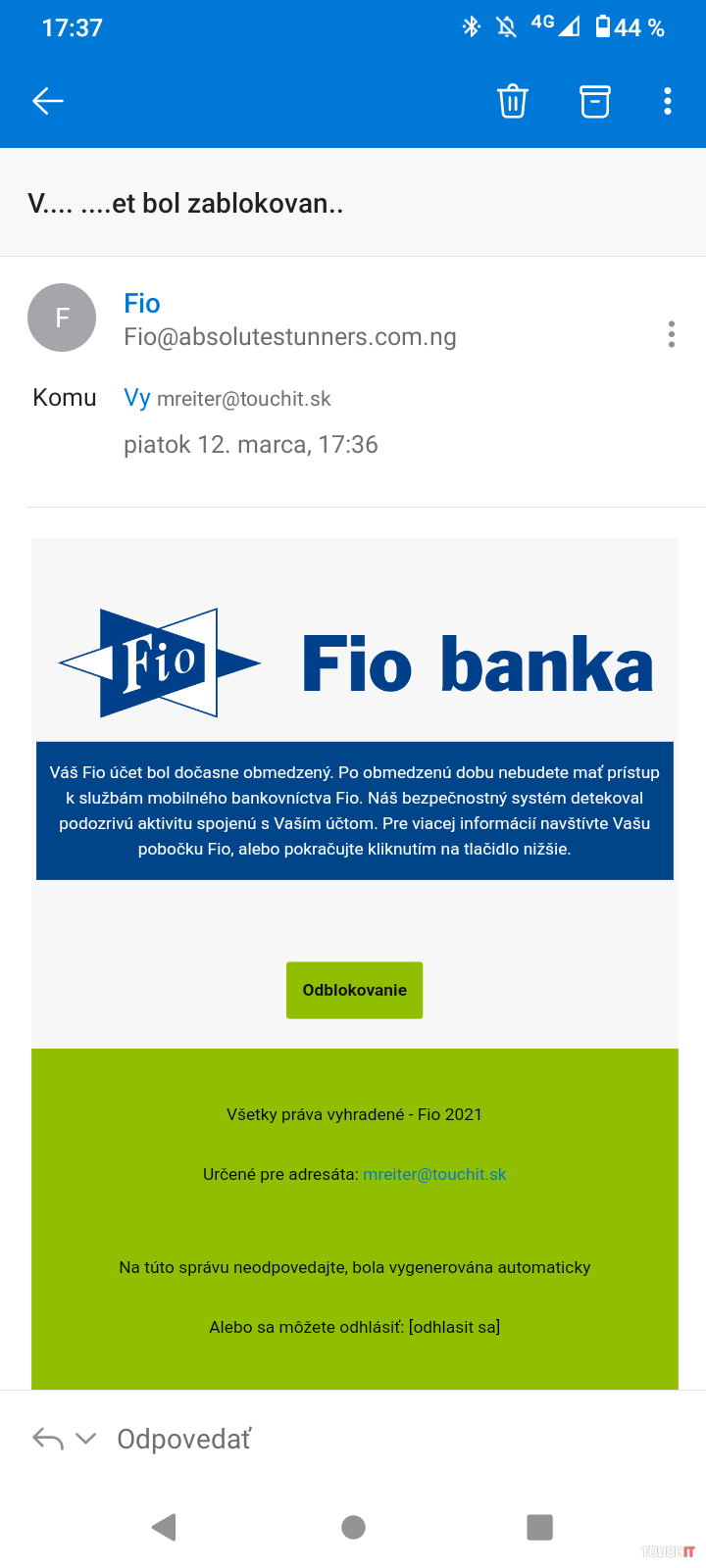 Email tváraci sa ako Fio banka.