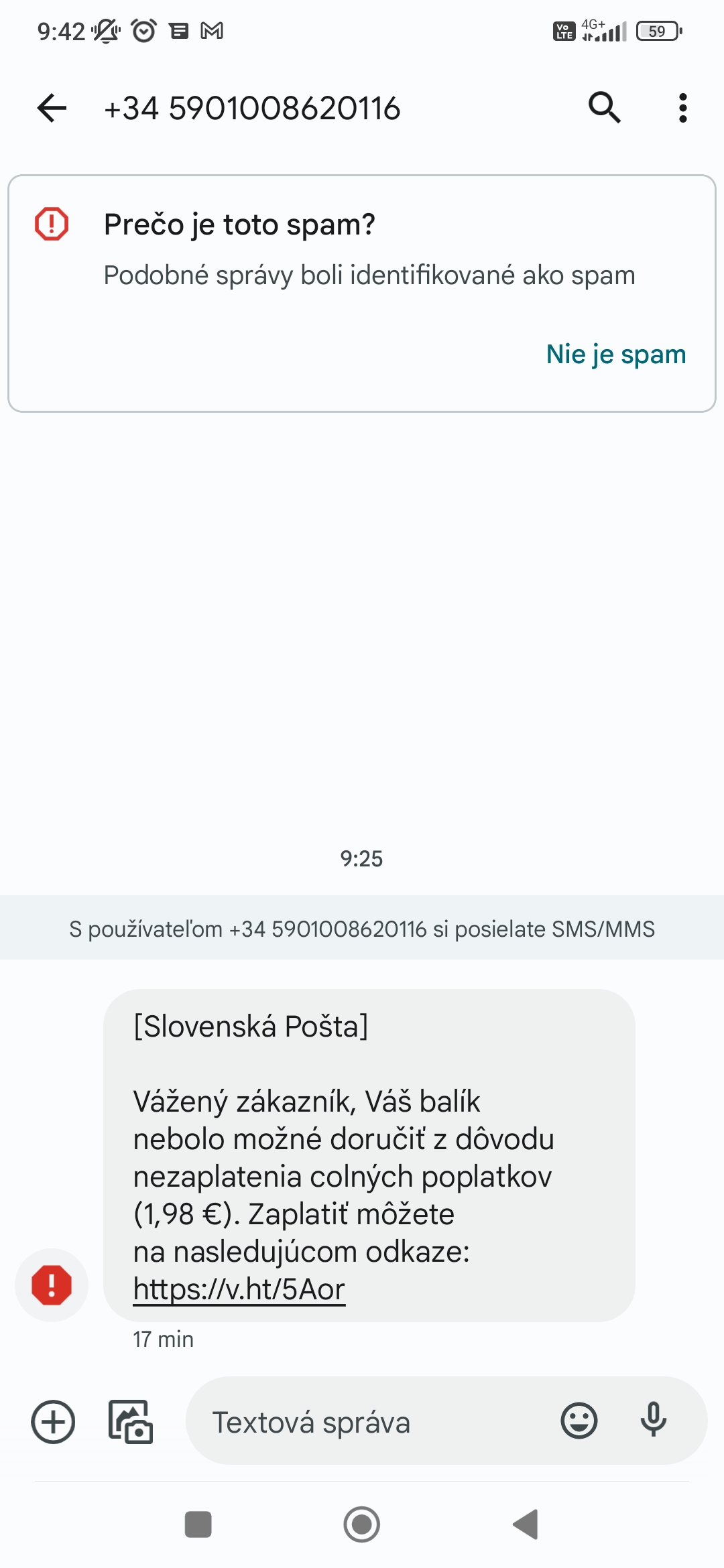 Podvodná SMS-ka napodobňujúca Slovenskú poštu.