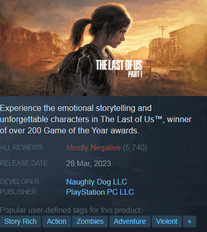 Steam - hodnotenie The Last of Us