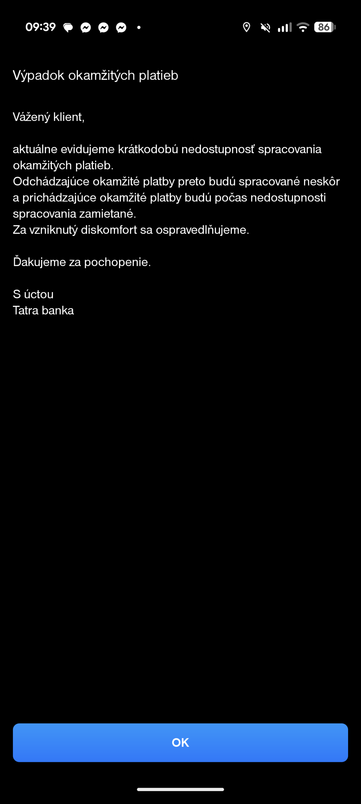 Tatra banka, výpadok platieb