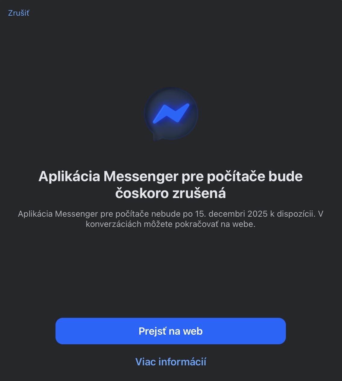 Messenger, upozornenie na koniec podpory