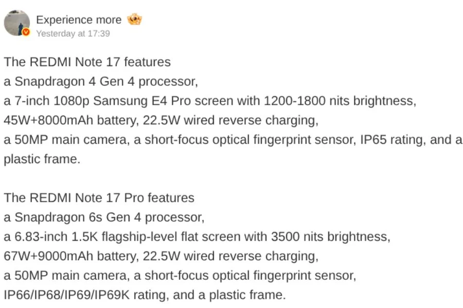 Redmi Note 17 únik